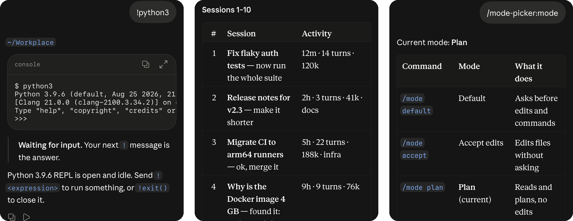 The plugins in the Claude iPhone app: a Python session run with !, the /rresume session list, and the /mode table of permission modes